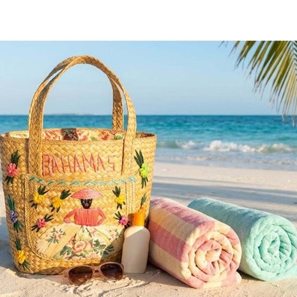 Vintage Bahamas Straw Tote Embroidered Raffia Woman Floral Lined Large Shopper
